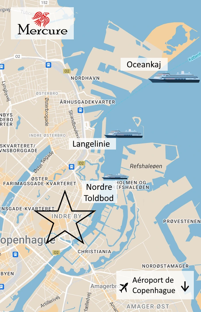 Carte du port de Copenhague avec les quais acceuillant les navires de croisières